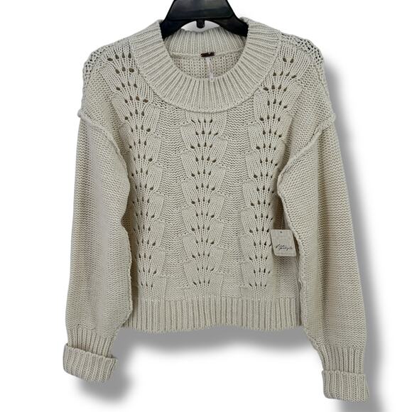 Free People Bell Song Knit Pointelle Sweater Women's Size Medium Bone White - Picture 1 of 7